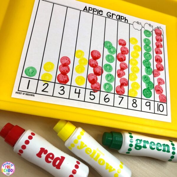 Have an apple theme in your preschool, pre-k, or kindergarten classroom while learning math and literacy skills.