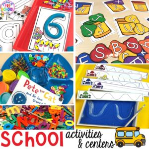 School theme activities and centers (letters, counting, fine motor, sensory, blocks, science)! Preschool, pre-k, and kindergarten will love it. #schooltheme #schoolactivities #preschool #prek #backtoschool #kindergarten