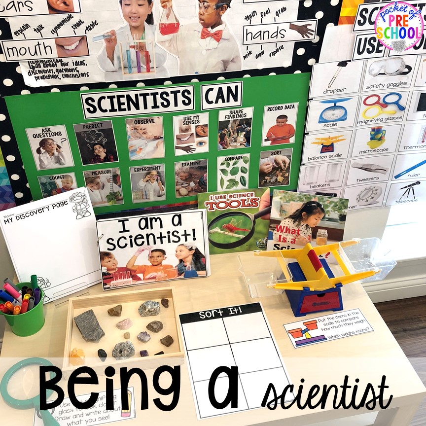 Being a scientist science table for back to school! Made for preschool, pre-k, and kindergarten. #schooltheme #schoolactivities #preschool #prek #backtoschool #kindergarten