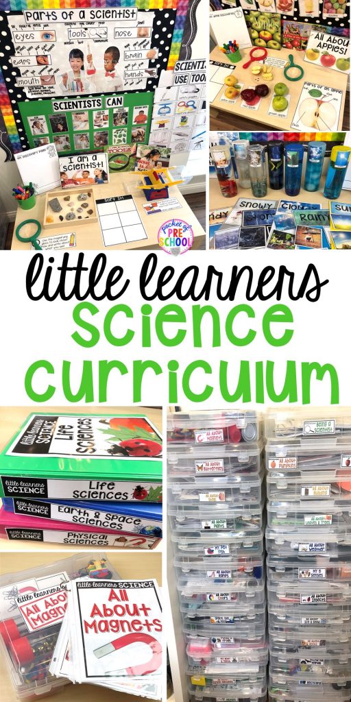 Science Curriculum for preschool, pre-k, and kindergarten. Plus tons of ideas for the science center and science table. #preschoolscience #sciencecenter #prekscience #kindergartenscience 