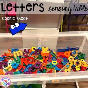 Magnet letter fishing sensory table. School theme activities and centers (letters, counting, fine motor, sensory, blocks, science)! Preschool, pre-k, and kindergarten will love it. #schooltheme #schoolactivities #preschool #prek #backtoschool #kindergarten
