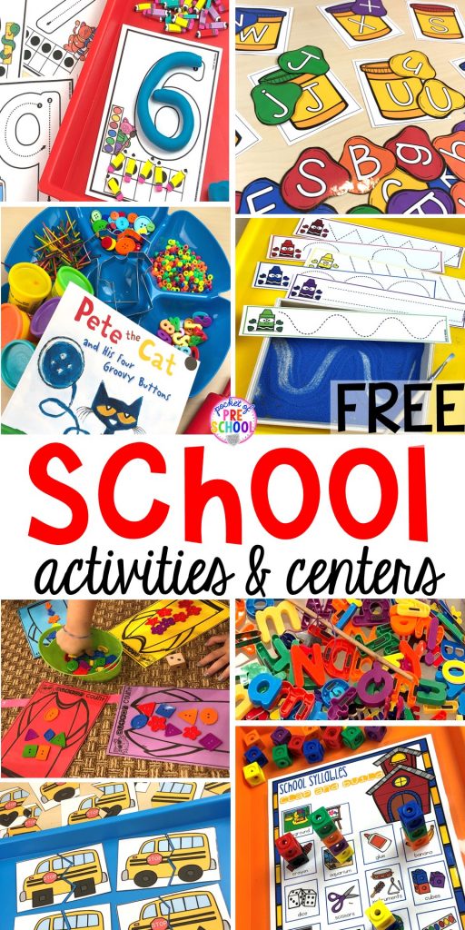 School theme activities and centers (letters, counting, fine motor, sensory, blocks, science)! Preschool, pre-k, and kindergarten will love it. #schooltheme #schoolactivities #preschool #prek #backtoschool #kindergarten