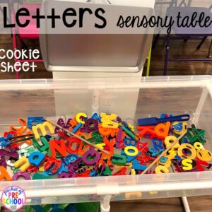 Magnet letter fishing sensory table. School theme activities and centers (letters, counting, fine motor, sensory, blocks, science)! Preschool, pre-k, and kindergarten will love it. #schooltheme #schoolactivities #preschool #prek #backtoschool #kindergarten