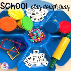 Letter play dough tray! School theme activities and centers (letters, counting, fine motor, sensory, blocks, science)! Preschool, pre-k, and kindergarten will love it. #schooltheme #schoolactivities #preschool #prek #backtoschool #kindergarten