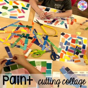 Paint sample cutting collage. School theme activities and centers (letters, counting, fine motor, sensory, blocks, science)! Preschool, pre-k, and kindergarten will love it. #schooltheme #schoolactivities #preschool #prek #backtoschool #kindergarten