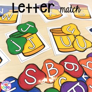 Play dough letter match game. School theme activities and centers (letters, counting, fine motor, sensory, blocks, science)! Preschool, pre-k, and kindergarten will love it. #schooltheme #schoolactivities #preschool #prek #backtoschool #kindergarten