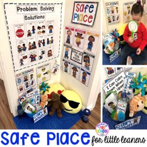Safe place or cozy corner - how to set it up and implement it in your preschool, pre-k, and kindergarten classroom. #safeplace #socialskills #cozycorner #calmdownkit #preschool #prek #kindergarten