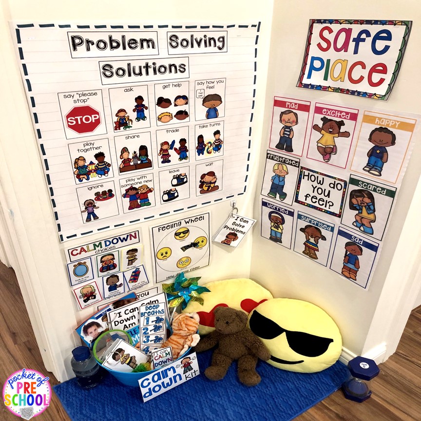Safe place or cozy corner - how to set it up and implement it in your preschool, pre-k, and kindergarten classroom. #safeplace #socialskills #cozycorner #calmdownkit #preschool #prek #kindergarten