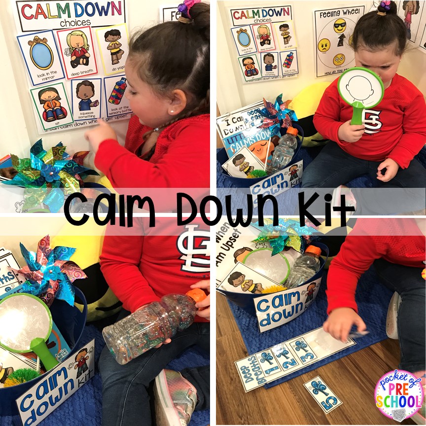 Calm Down Kit - how to set it up and implement it in your preschool, pre-k, and kindergarten classroom. #safeplace #socialskills #cozycorner #calmdownkit #preschool #prek #kindergarten