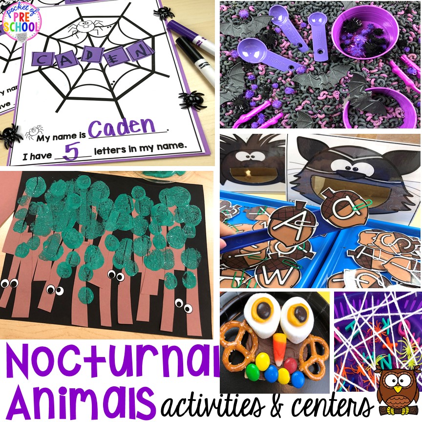 Nocturnal Animals activities and centers for preschool, pre-k, and kindergarten . Ideas for every center, letters, writing, fine motor, sensory, science, art, blocks, and more. #preschool #prek #nocturnalanimalstheme #falltheme