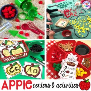 Apple activities and centers (writing, letters, math, sensory, fine motor, art, and more) perfect for preschool, pre-k, and kindergarten. #appletheme #preschool #prek #appleactivities