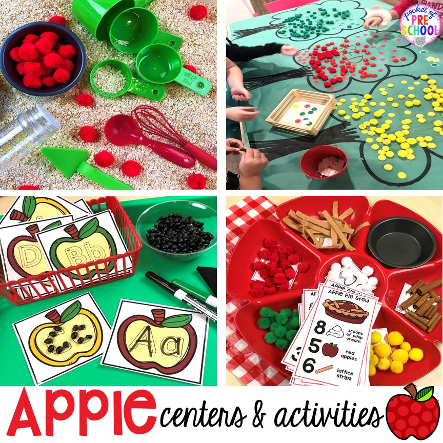 Apple activities and centers (writing, letters, math, sensory, fine motor, art, and more) perfect for preschool, pre-k, and kindergarten. #appletheme #preschool #prek #appleactivities 