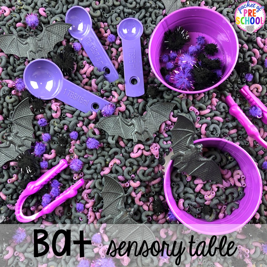 Bat sensory table idea with purple and black noodles! Plus more Nocturnal Animals activities and centers for preschool, pre-k, and kindergarten. #preschool #prek #nocturnalanimalstheme #falltheme 