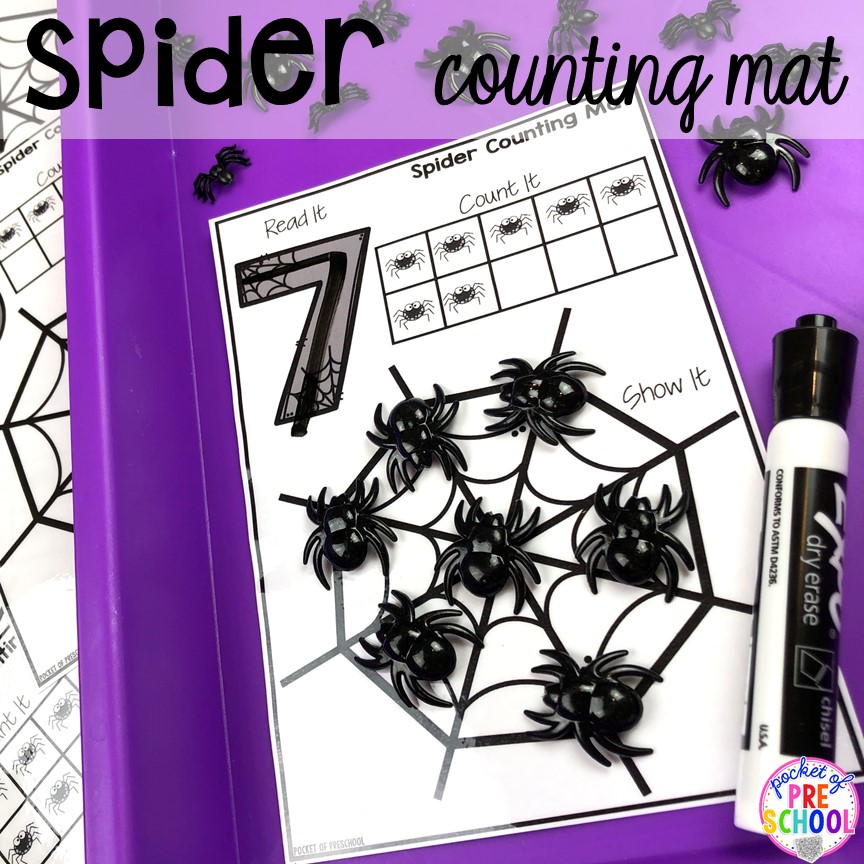 Spider counting mat or play dough mat. Plus more Nocturnal Animals activities and centers for preschool, pre-k, and kindergarten. #preschool #prek #nocturnalanimalstheme #falltheme 