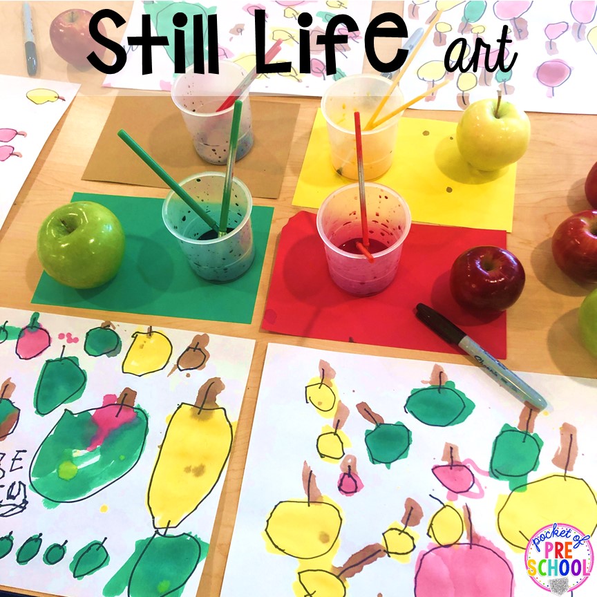 Apple art (still life painting) plus more apple theme activities and centers perfect for preschool, pre-k, and kindergarten. #appletheme #preschool #prek #appleactivities 