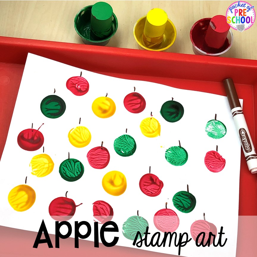 Apple printing apple open ended art plus more apple theme activities and centers perfect for preschool, pre-k, and kindergarten. #appletheme #preschool #prek #appleactivities 