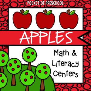 Math and literacy centers with an apples theme for preschool, pre-k, and kindergarten students