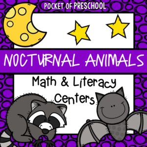 Math and literacy centers with a nocturnal animals theme for preschool, pre-k, and kindergarten students