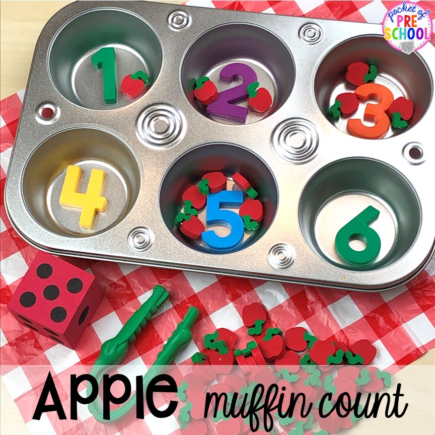 Apple muffin count game plus more apple activities and centers perfect for preschool, pre-k, and kindergarten. #appletheme #preschool #prek #appleactivities 