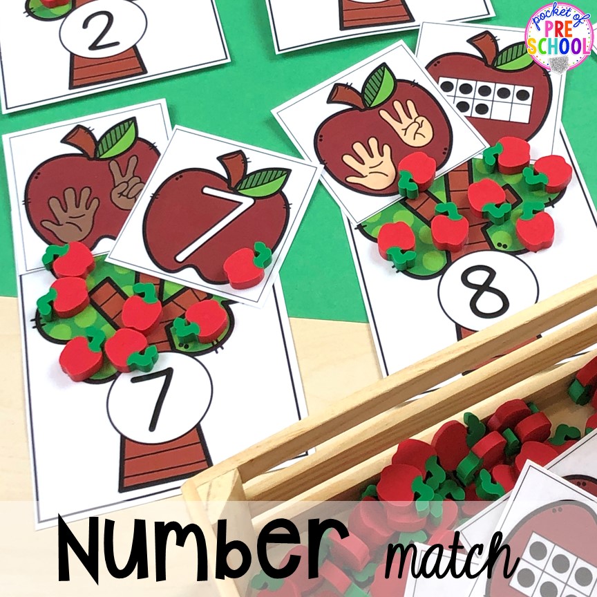 Apple number match game plus more apple activities and centers perfect for preschool, pre-k, and kindergarten. #appletheme #preschool #prek #appleactivities 