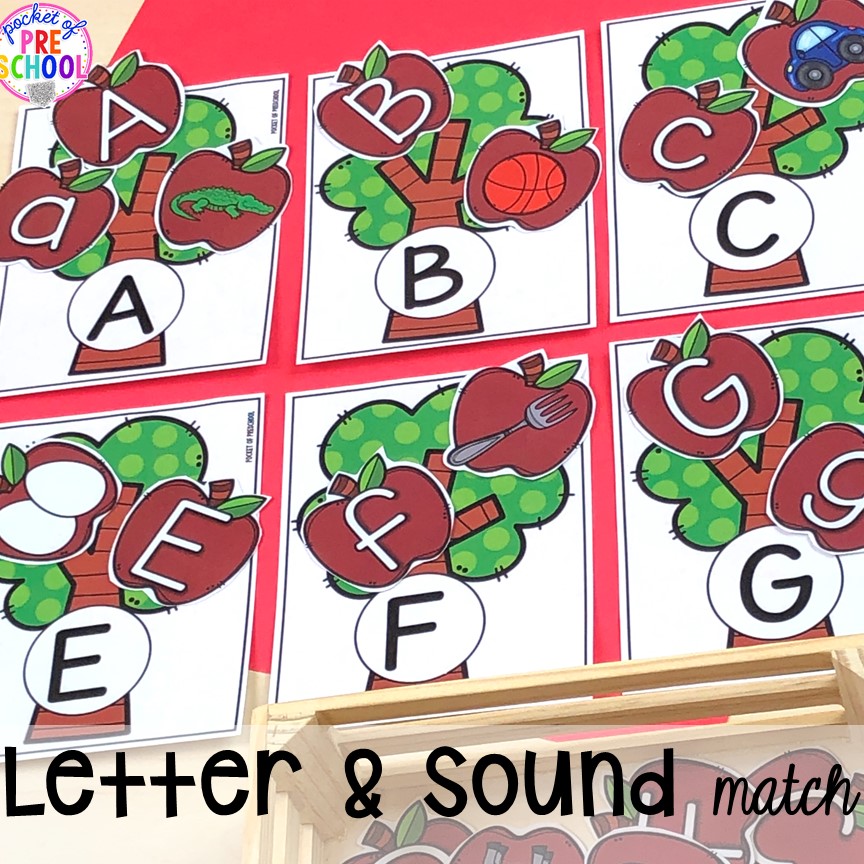 Apple letter and sound match plus more apple activities and centers perfect for preschool, pre-k, and kindergarten. #appletheme #preschool #prek #appleactivities 