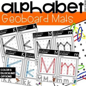 Alphabet geoboard mats to practice letters in a preschool, pre-k, or kindergarten room.