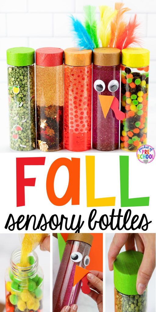 Fall sensory bottles for preschool, pr-k, and toddlers! Easy to make sensory bottles for an apple, fall, leaf, pumpkin, or turkey theme. #sensorybottles #sensoryplay #falltheme #preschool #prek #toddler