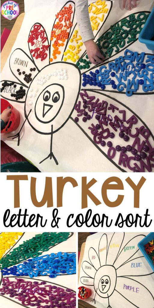 Turkey letter sort and turkey color sort using letter magnets and color counters. This activity is perfect for preschool, pre-k, and kindergarten kiddos. #turkeytheme #lettergame #letteractivity #preschool #prek