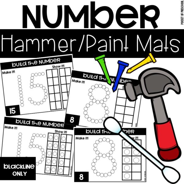 Number hammer/paint mats to practice numbers in a preschool, pre-k, or kindergarten room.