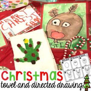 Christmas handprint towel (parent gift) and FREE reindeer directed drawing is fun for preschool, pre-k, and kindergarten kiddos. #preschool #prek #handprintcraft #parentgift #directeddrawing