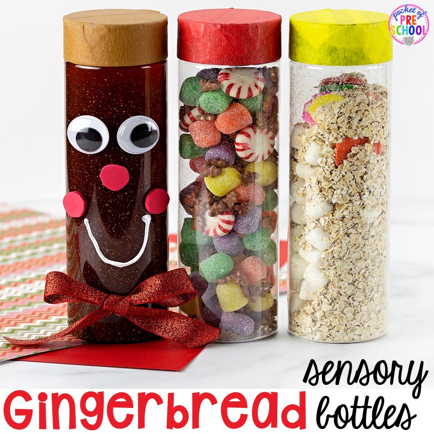 Gingerbread sensory bottles perfect for Christmas time or January. #sensorybottles #gingerbreadtheme #preschcool #prek #toddler