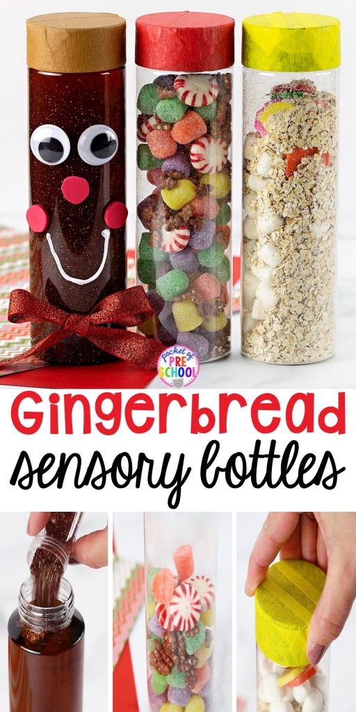 Gingerbread sensory bottles perfect for Christmas time or January. #sensorybottles #gingerbreadtheme #preschcool #prek #toddler