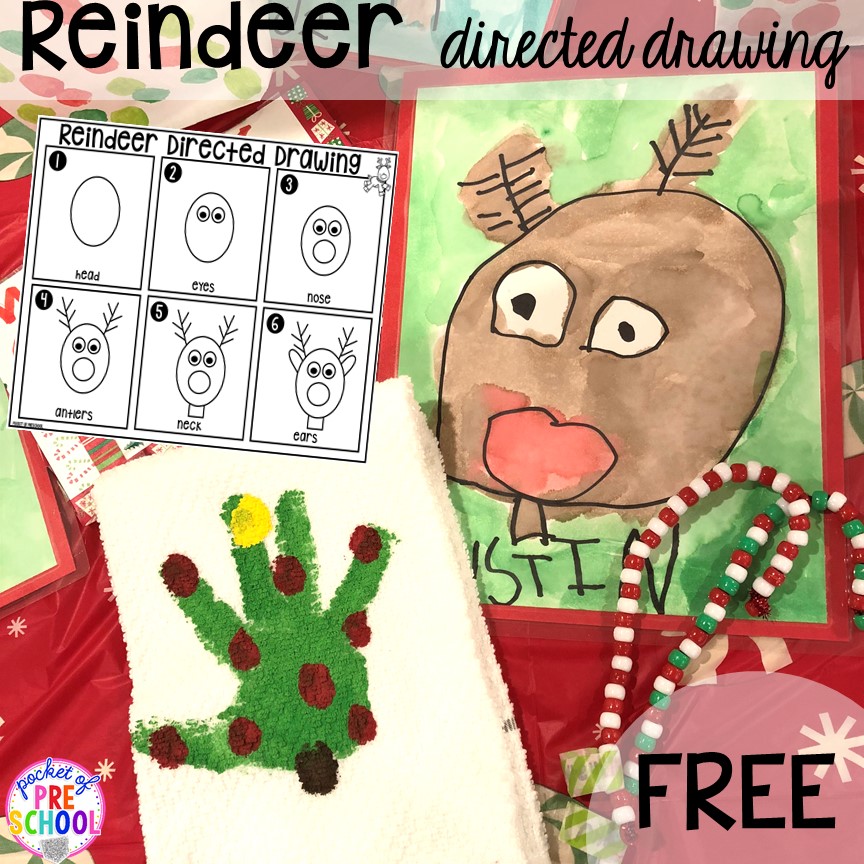 Christmas handprint towel (parent gift) and FREE reindeer directed drawing is fun for preschool, pre-k, and kindergarten kiddos. #preschool #prek #handprintcraft #parentgift #directeddrawing