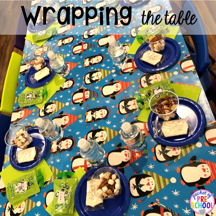 Warp the table with winter wrapping paper for the classroom party! #winterparty #preschool #prek #kindergarten #schoolparty