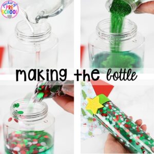 Christmas sensory bottles - so much fun and so calming for preschool, pre-k, and toddlers! Put in the safe place for the holidays. #sensorybottles #sensory #christmassensory #preschool #prek