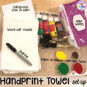 Hand print craft set up. Christmas handprint towel (parent gift) and FREE reindeer directed drawing is fun for preschool, pre-k, and kindergarten kiddos. #preschool #prek #handprintcraft #parentgift #directeddrawing