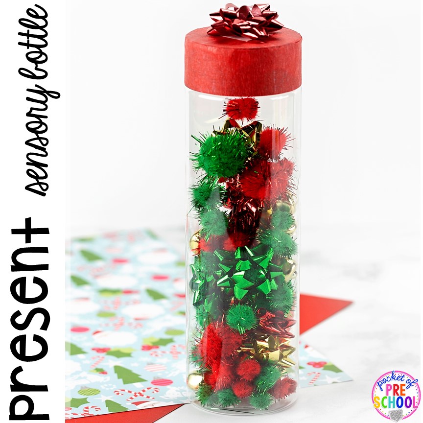 Christmas present sensory bottle (magnetic too)- so much fun and so calming for preschool, pre-k, and toddlers! Put in the safe place for the holidays. #sensorybottles #sensory #christmassensory #preschool #prek