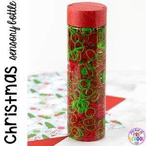 Christmas sensory bottles - so much fun and so calming for preschool, pre-k, and toddlers! Put in the safe place for the holidays. #sensorybottles #sensory #christmassensory #preschool #prek
