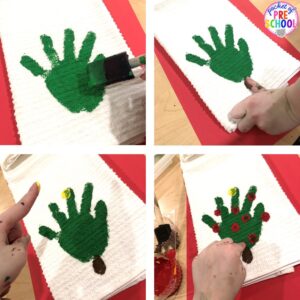 Handprint tips and tricks. Christmas handprint towel (parent gift) and FREE reindeer directed drawing is fun for preschool, pre-k, and kindergarten kiddos. #preschool #prek #handprintcraft #parentgift #directeddrawing