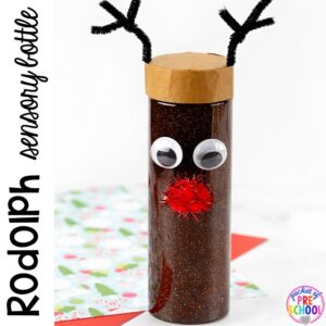 Rudolph sensory bottle play more Christmas sensory bottles - so much fun and so calming for preschool, pre-k, and toddlers! Put in the safe place for the holidays. #sensorybottles #sensory #christmassensory #preschool #prek
