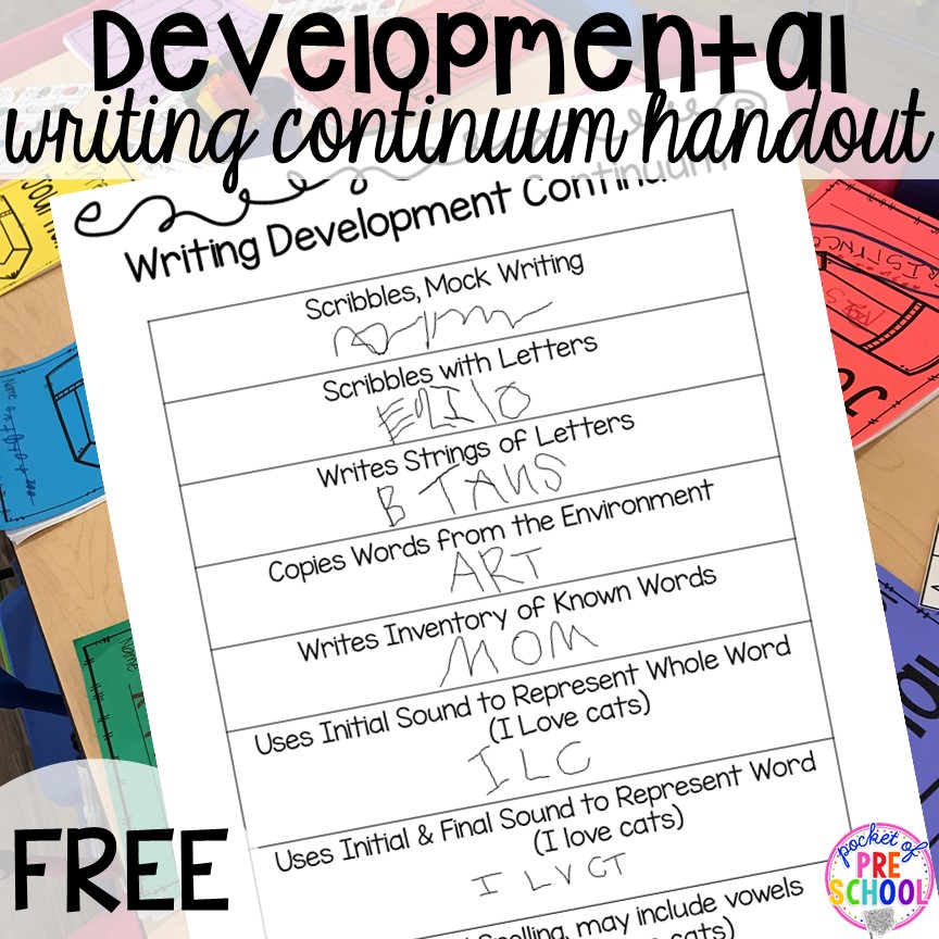 Writing development handout FREEBIE for preschool, pre-k, and kindergarten. Send home too. #preschool #prek #writingdevelopementhandout