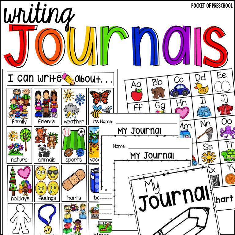 Journal printables (cover, pages, teacher directions, idea chart, parent note) made for preschool, pre-k, and kindergarten. #journalideas #preschool #prek #journaltime 