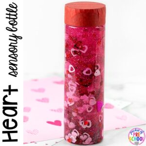 Sparkly Heart Valentines Sensory Bottles to help students calm down, for sensory processing, or fun science exploration. #sensory bottles #preschool #prek #toddler