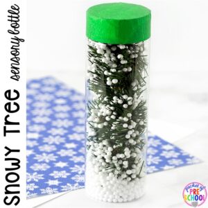 Snow tree in the Winter Sensory Bottles to help students calm down, for sensory processing, or fun science exploration. #sensory bottles #preschool #prek #toddler