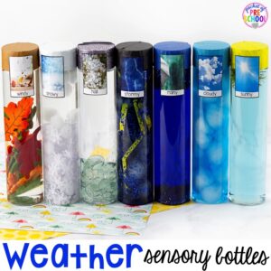 Weather sensory bottles is af fun way to explore the weather inside and FREE weather photo labels. #weathertheme #preschool #prek #toddler #sensorybottles