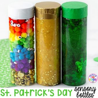 St. Patrick's Day sensory bottles (gold coins, clovers, and rainbow letters) to help students calm down, observe (science), and learn letters. #preschool #prek #toddler #sensorybottles