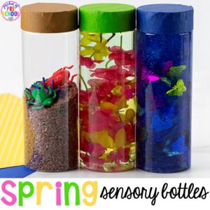 Spring sensory bottles ideas perfect with a spring theme for your toddler, preschool, or pre-k classroom. #preschool #prek #toddler #springtheme #sensorybottles