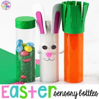 Easter sensory bottles for an Easter theme (bunny, carrot, and egg hunt)! #preschool #toddler #prek #sensorybottles #eastertheme