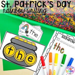 St. Patrick's Day sight word activity! Plus St. Patrick's Day centers and activities (math, literacy, writing, sensory, fine motor, art, STEM, blocks, science) and FREE ten frame shamrock cards for preschool, pre-k, and kindergarten.