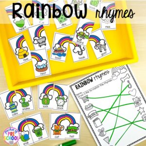 Rainbow rhyme puzzles! Plus St. Patrick's Day centers and activities (math, literacy, writing, sensory, fine motor, art, STEM, blocks, science) and FREE ten frame shamrock cards for preschool, pre-k, and kindergarten.